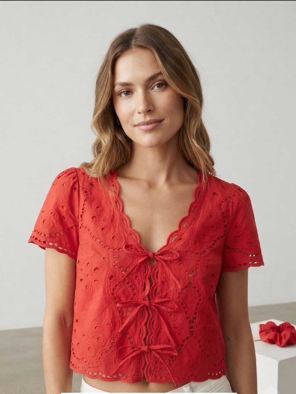 🔸NWT Eyelet Tie-Front Crop Blouse with Hair Scrunchie - 2FOR$40
